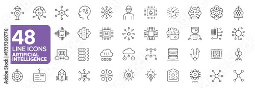 Set of 48 line icons for artificial intelligence, technology, and data processing.