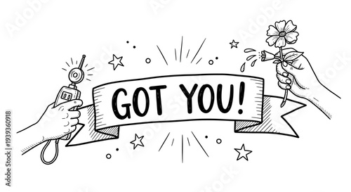 Hands holding flower and spray bottle with got you banner and stars playful prank or surprise concept