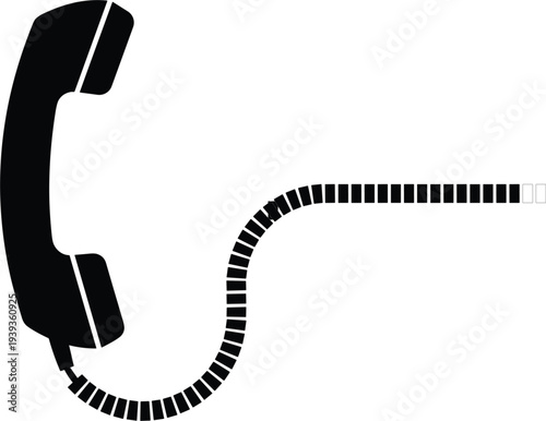 Black silhouette illustration of traditional corded telephone handset with coiled cord symbolizing retro communication and customer service