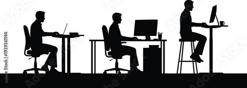 Office silhouettes of people working at desks, ergonomic posture illustration vector art, workplace productivity and health design inspiration