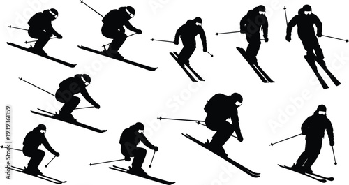 Silhouette vector of skier in dynamic poses, skiing motion, jumping, turning, descending, winter sports, athletic movement, outdoor recreation illustration