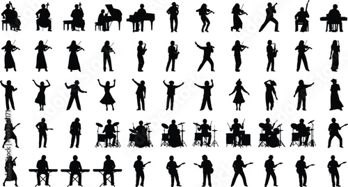 Musicians and performers silhouettes playing piano, violin, drums, guitar, keyboard with dancers and singers vector illustration for music, art, entertainment
