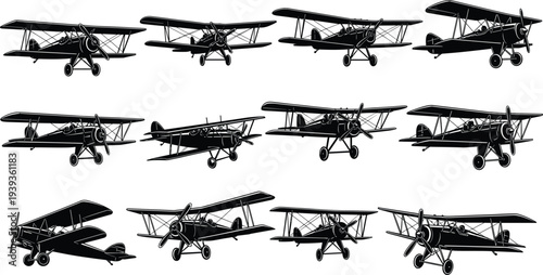Silhouette vector of vintage biplanes, early aviation aircraft, propeller planes, historical airplanes, military and civilian aviation, classic flight illustration