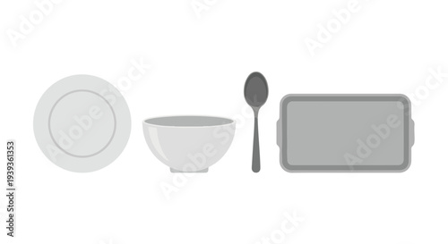 Flat lay of a plate, bowl, spoon, and rectangular container on a white background with a minimalist and clean composition.