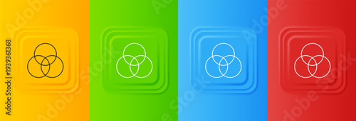 White RGB and CMYK color mixing icon isolated on colorful background. Set icons in square buttons. Vector