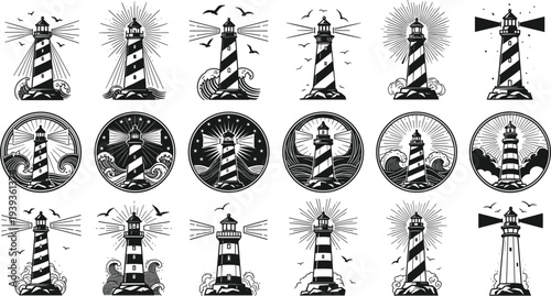 Black and white vector icon set featuring traditional lighthouses with beacon lights crashing ocean waves and maritime symbols for nautical branding and coastal designs.