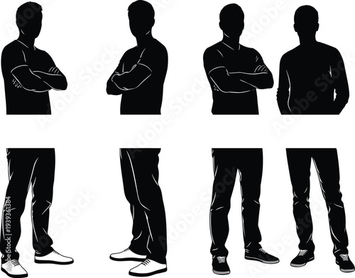 People silhouette vector illustration, upper body arms crossed lower body legs footwear casual posture clothing decorative isolated design for stock discoverability