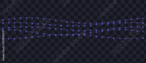 Multiple horizontal strands of small purple glowing fairy lights illuminate a dark