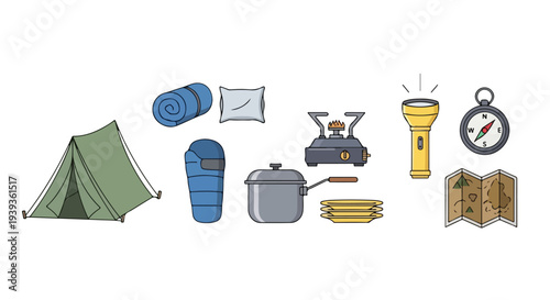 Flat lay illustration of various camping gear and equipment on a clean white background.
