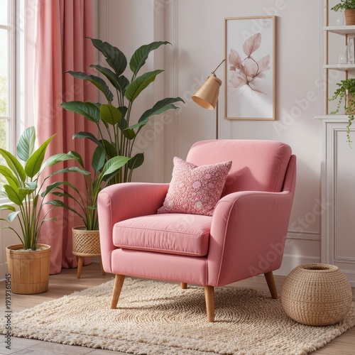 Stylish Pink Armchair with Cushions and Decorative Plants in a Bright Living Room Featuring Sunlight