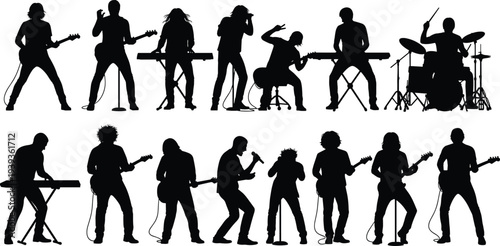 Silhouettes of musicians performing live concert with guitars, drums, keyboards, singers, energetic band illustration, music performance vector art