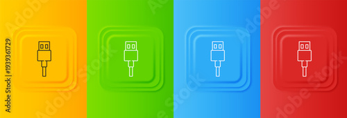 White USB cable cord icon isolated on colorful background. Connectors and sockets for PC and mobile devices. Set icons in square buttons. Vector