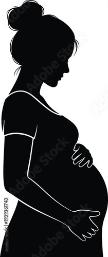Pregnant woman silhouette with hand on abdomen, vector illustration for motherhood, maternal health, prenatal care, family, wellness design