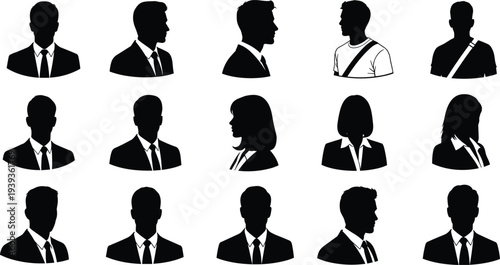 Professional people silhouettes in formal attire, suits and ties, male and female figures, profile and forward facing, identity icons