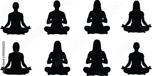 Silhouettes of people in meditation poses, cross-legged yoga positions with mudra hand gestures, mindfulness illustration for wellness and spiritual design