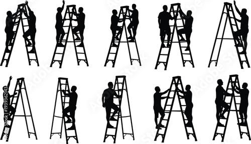 Silhouettes of people interacting with ladder in teamwork poses, vector illustration for safety, cooperation, construction, assistance, occupational design