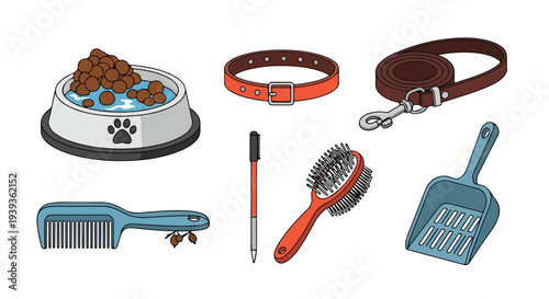 Flat lay of dog care accessories including a food bowl, collar, leash, brush, comb, scoop and nail clippers on a white background.