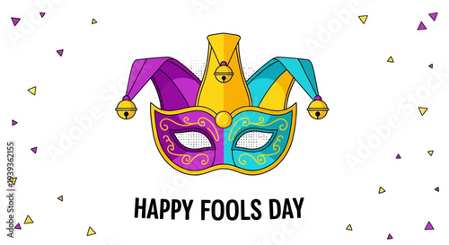Colorful jester mask with 'happy fools day' text on white background with confetti