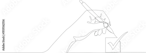 Continuous one line drawing of hand holding pen and checking tick box, minimalist vector illustration of task completion, voting concept and successful checklist on white background.