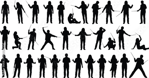 Silhouettes of people practicing stick martial arts, diverse poses with weapons, combat training illustration, vector design for movement study