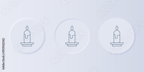 Grey Burning candle icon isolated on grey background. Cylindrical candle stick with burning flame. Set icons in square buttons. Vector