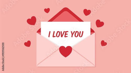 A heartfelt message of love conveyed through an opened envelope with a note saying 'I Love You' surrounded by romantic hearts, perfect for Valentine's Day or any romantic occasion