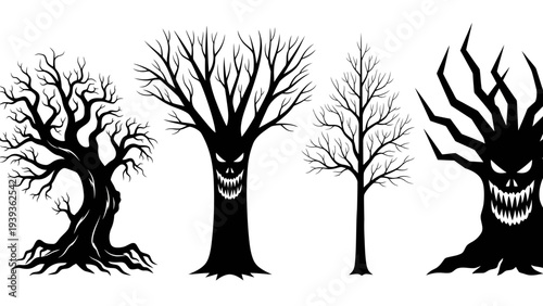 Eerie Silhouettes of Gnarled Leafless Trees with Menacing Faces, Perfect for Haunted Forest Scenes and Spooky Halloween Designs