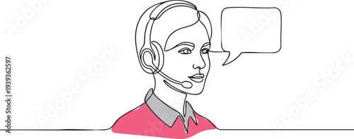Continuous one line drawing of female customer support agent with headset and speech bubble, minimalist call center operator illustration for service and communication concept.