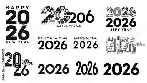 Modern and versatile graphic design collection for the upcoming year 2026, showcasing creative typography and 'Happy New Year' greetings, perfect for future-themed celebrations and calendrical.