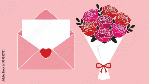 A Pink Envelope with a Heart and a Bouquet of Roses on a Pink Background
