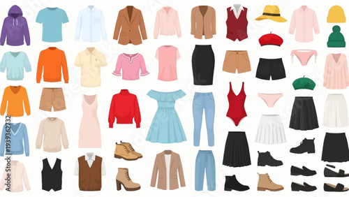 Extensive collection of diverse fashion apparel, including tops, bottoms, dresses, and shoes, presented as a versatile wardrobe set for various seasons and styles