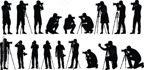 Silhouettes of photographers using cameras on tripods, diverse poses, standing, crouching, kneeling, leaning, professional photography vector illustration art