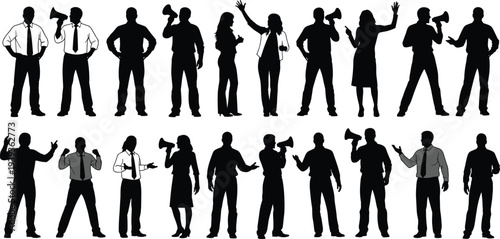 Silhouettes of people with megaphones and gestures, communication poses, public speaking illustration, vector design for leadership artwork