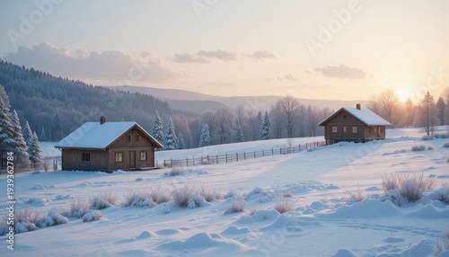 Idyllic Winter Landscape with Wooden Cabins and Snow-Covered Ground at Sunset in the Mountains