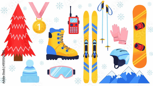 Collection of winter sports equipment and holiday decorations, including skis, snowboard, boots, hat, goggles, gloves, medal, walkie-talkie, and Christmas tree