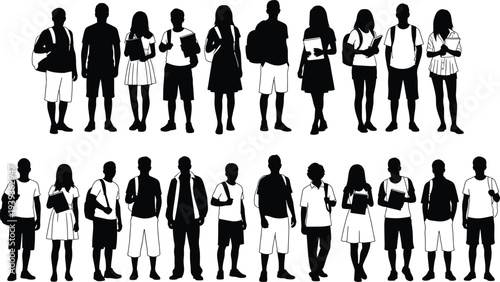 Silhouettes of school children in uniforms, diverse students carrying backpacks, educational vector illustration, classroom design, academic theme, learning concept, demographic art