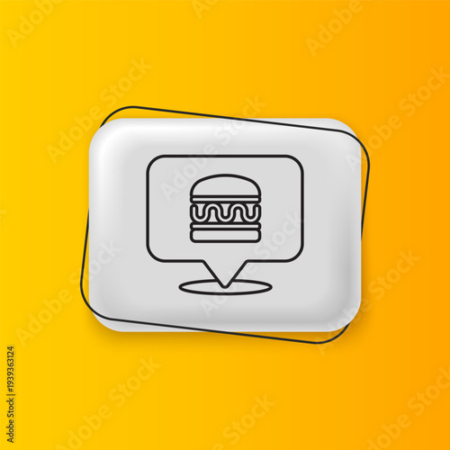 Black Online ordering and burger delivery icon isolated on yellow background. Silver rectangle button. Vector