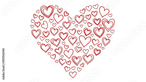 Artistic illustration of a large heart shape formed by numerous smaller, hand-drawn red hearts, symbolizing love, romance, and affection on a white background