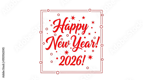 Happy New Year 2026 text design with decorative border, stars, and dots, a festive greeting for the upcoming year