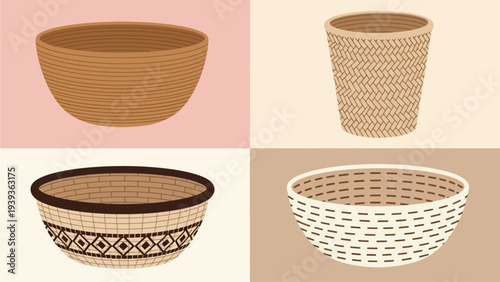 Various woven baskets in different patterns and colors isolated on a pink and beige background