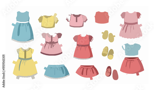 Kids paper doll clothes collection dress up game vector set