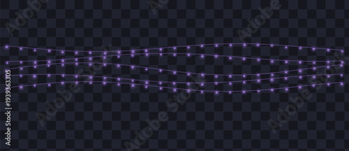 Multiple wavy lines of small purple glowing bulbs illuminate a dark transparent surface for celebration