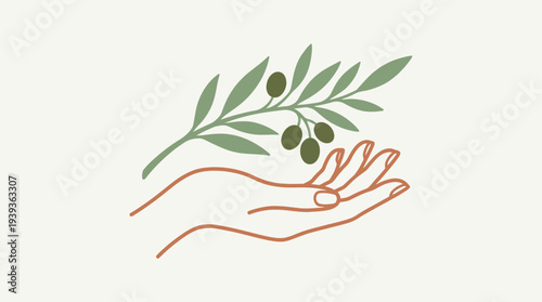 A minimalist illustration of a hand gently holding an olive branch, symbolizing peace, nature, and nurturing, depicted in soft colors for an elegant touch to any project.