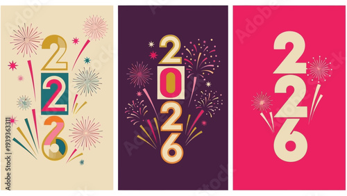 Elegant and colorful New Year 2026 designs featuring sparkling fireworks bursts and unique numeral typography, perfect for festive celebrations and holiday season greetings