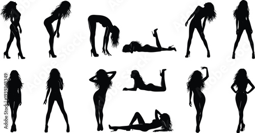 Silhouettes of woman in high heels, standing, bending, lying, expressive poses, fashion posture illustration for design and animation references