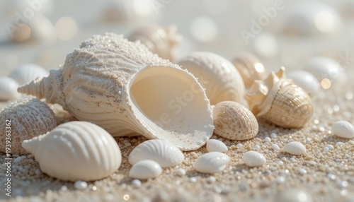 Close Up of Intricate White Seashells on Soft Sandy Beach Under Gentle Natural Light