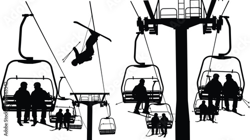 Ski lift silhouettes with skiers riding chairs and performing jumps, winter sport vector illustration for recreation, adventure, mountain, snow, and design themes