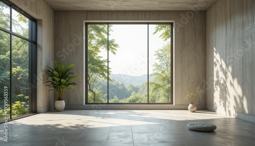 Minimalist Interior Space with Large Window Offering Scenic Nature Views and Soft Natural Light