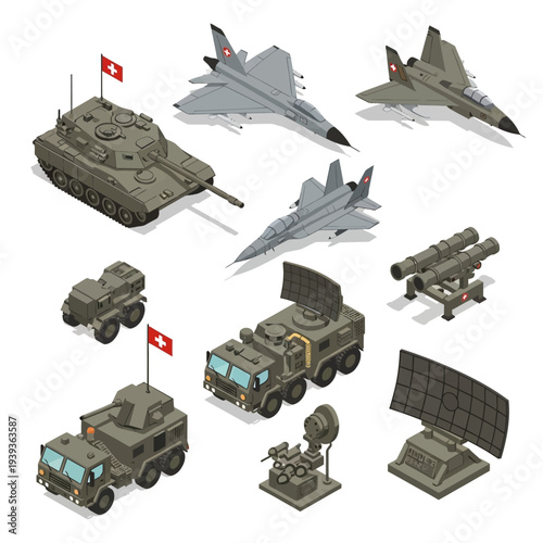 Military Vehicles and Aircraft Isometric Illustrations Set.