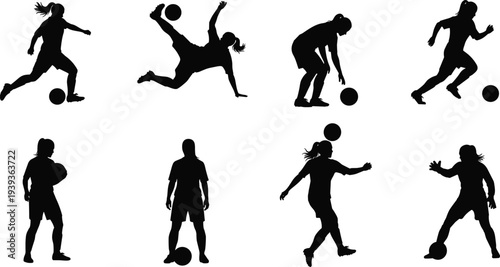 Soccer silhouettes with players running, kicking, dribbling, defending, holding ball, dynamic poses, athletic movement, sport icons, football illustration design